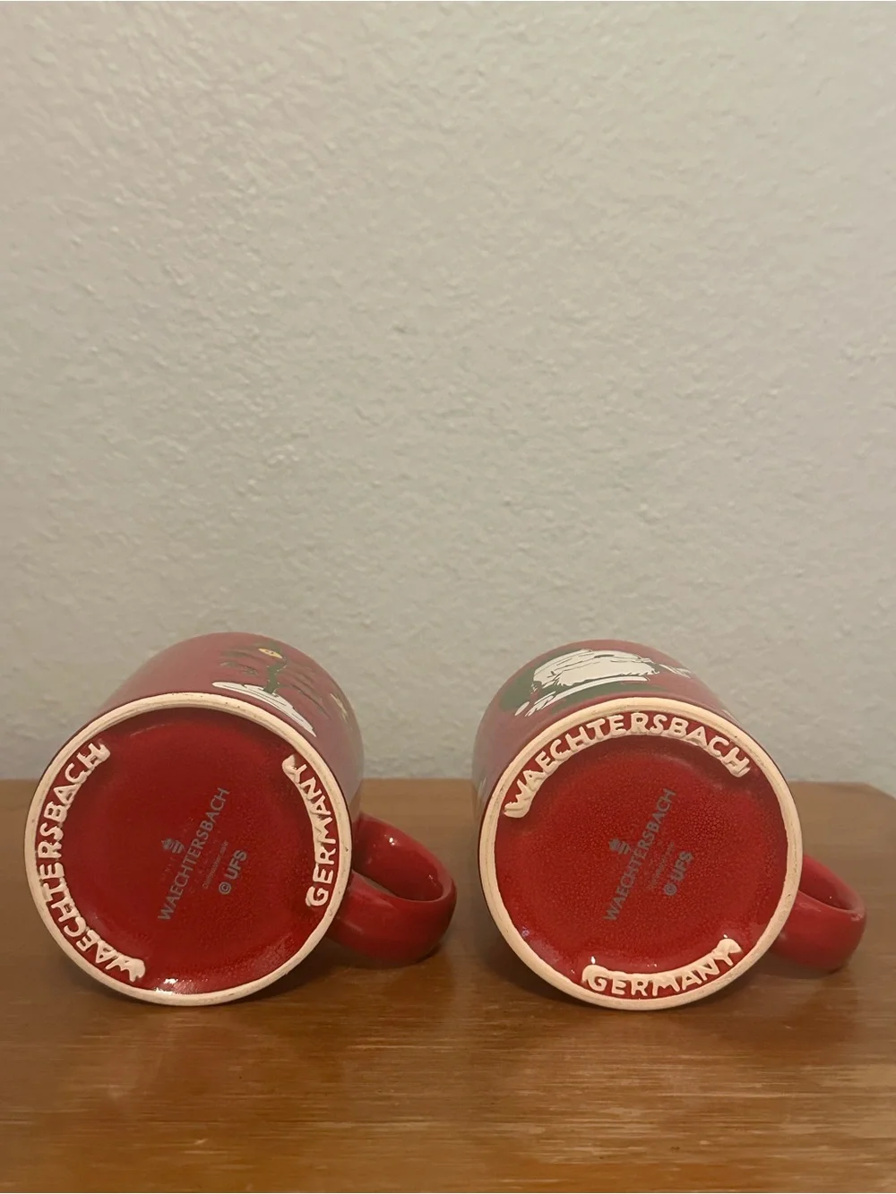 Two vintage Waechtersbach Peanuts snoopy Christmas red mugs